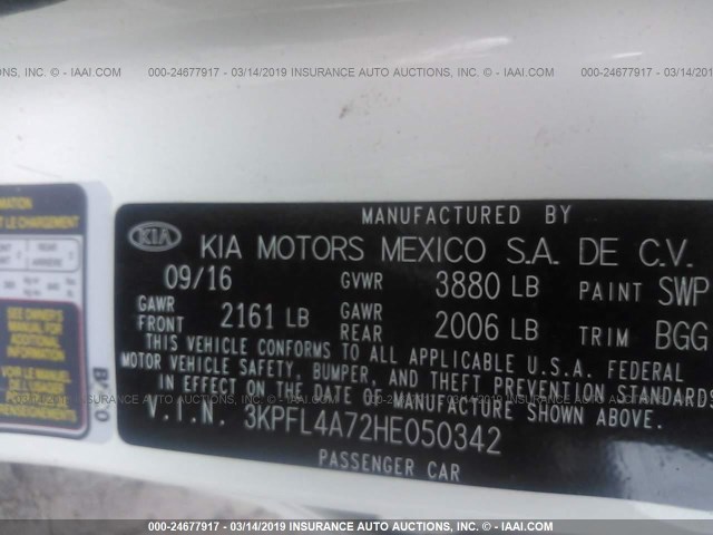 3KPFL4A72HE050342 - 2017 KIA FORTE LX/S WHITE photo 9