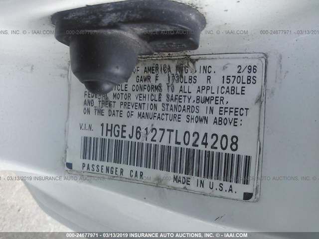 1HGEJ6127TL024208 - 1996 HONDA CIVIC DX WHITE photo 9