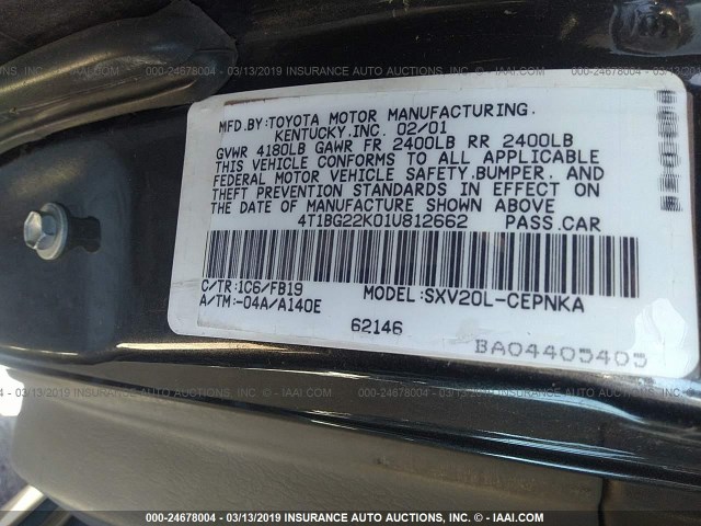 4T1BG22K01U812662 - 2001 TOYOTA CAMRY CE/LE/XLE GRAY photo 9