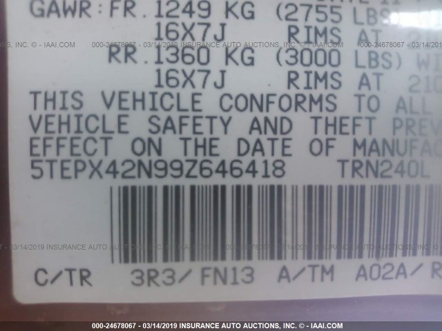 5TEPX42N99Z646418 - 2009 TOYOTA TACOMA RED photo 9