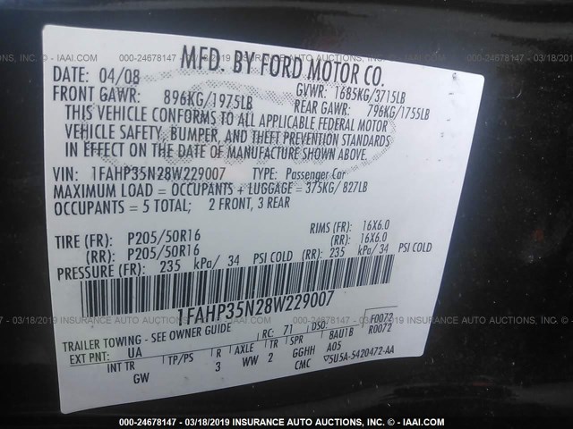 1FAHP35N28W229007 - 2008 FORD FOCUS SE/SEL/SES BLACK photo 9