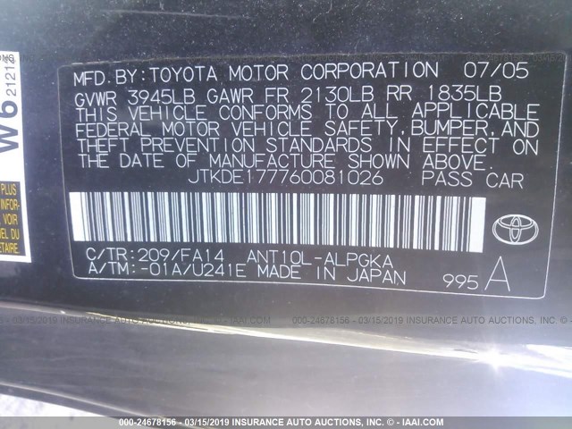 JTKDE177760081026 - 2006 TOYOTA SCION TC BLACK photo 9
