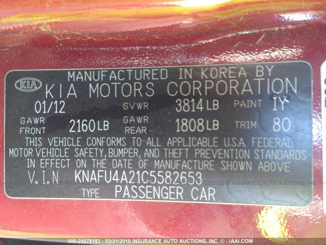 KNAFU4A21C5582653 - 2012 KIA FORTE EX RED photo 9