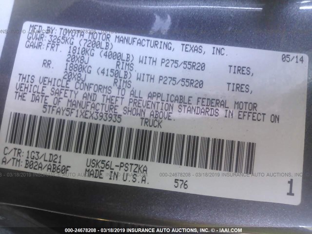 5TFAY5F1XEX393935 - 2014 TOYOTA TUNDRA CREWMAX PLATINUM Silber Foto 9