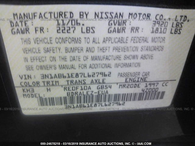 3N1AB61E87L627962 - 2007 NISSAN SENTRA 2.0/2.0S/2.0SL BLACK photo 9