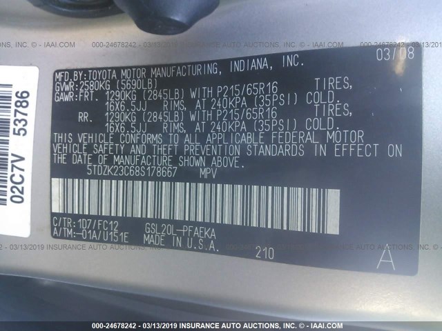 5TDZK23C68S178667 - 2008 TOYOTA SIENNA CE/LE SILVER photo 9