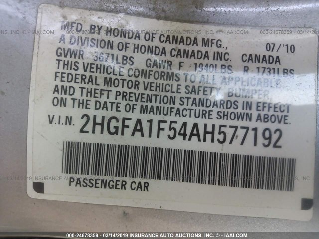 2HGFA1F54AH577192 - 2010 HONDA CIVIC LX SILVER photo 9