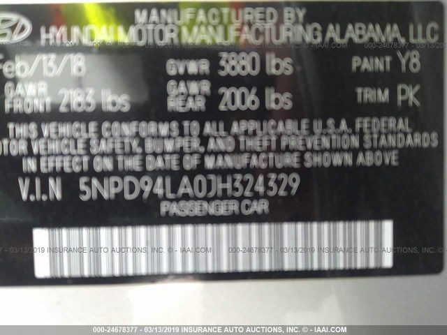 5NPD94LA0JH324329 - 2018 HYUNDAI ELANTRA ECO SILVER photo 9