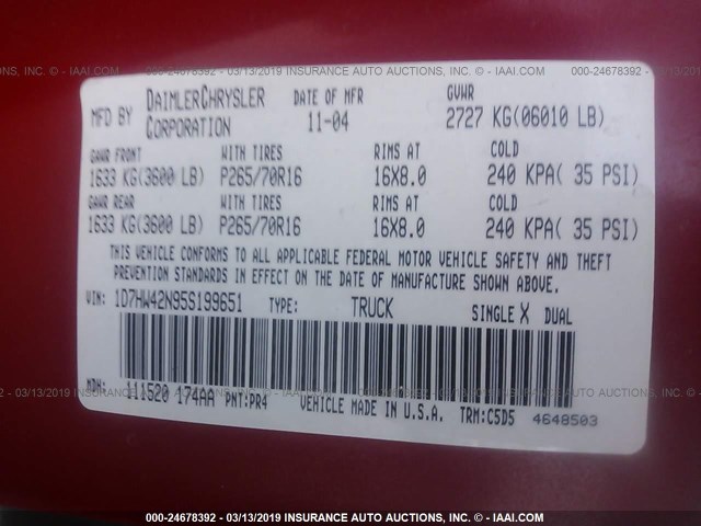 1D7HW42N95S199651 - 2005 DODGE DAKOTA SLT RED photo 9