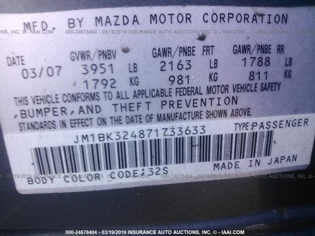 JM1BK324871733633 - 2007 MAZDA 3 S GRAY photo 9