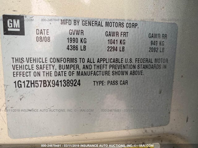 1G1ZH57BX94138924 - 2009 CHEVROLET MALIBU 1LT ოქროსფერი ფოტო 9