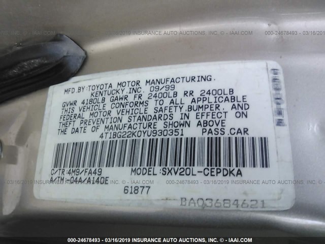 4T1BG22K0YU930351 - 2000 TOYOTA CAMRY CE/LE/XLE TAN photo 9