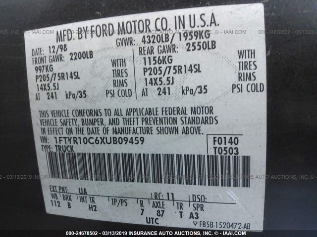 1FTYR10C6XUB09459 - 1999 FORD RANGER BLACK photo 9