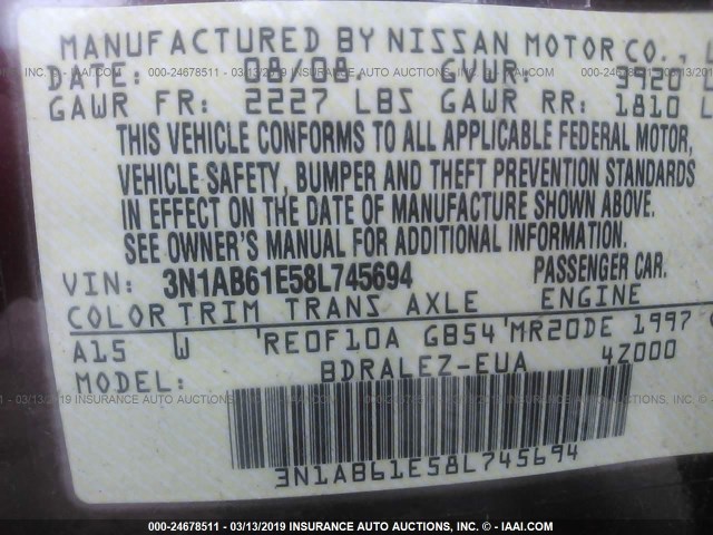 3N1AB61E58L745694 - 2008 NISSAN SENTRA 2.0/2.0S/2.0SL MAROON photo 9