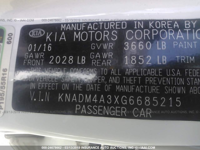 KNADM4A3XG6685215 - 2016 KIA RIO LX WHITE photo 9