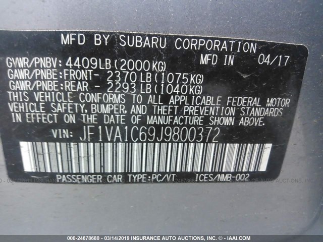 JF1VA1C69J9800372 - 2018 SUBARU WRX PREMIUM SILVER photo 9