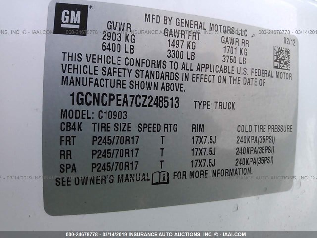 1GCNCPEA7CZ248513 - 2012 CHEVROLET SILVERADO C1500 თეთრი ფოტო 9