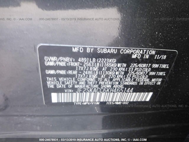 JF2SKACC6KH465144 - 2019 SUBARU FORESTER BLACK photo 9