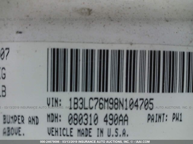 1B3LC76M98N104705 - 2008 DODGE AVENGER R/T WHITE photo 9