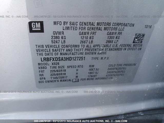 LRBFXDSA3HD127251 - 2017 BUICK ENVISION ESSENCE SILVER photo 9