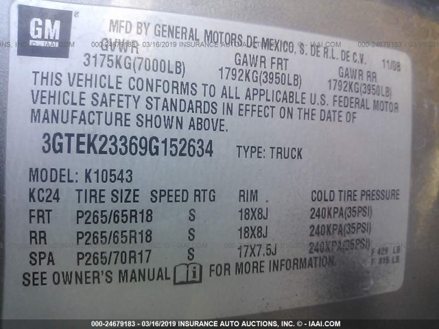 3GTEK23369G152634 - 2009 GMC SIERRA K1500 SLE GRAY photo 9