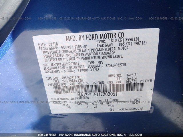 MAJ3P1TE1JC202051 - 2018 FORD ECOSPORT SE BLUE photo 9