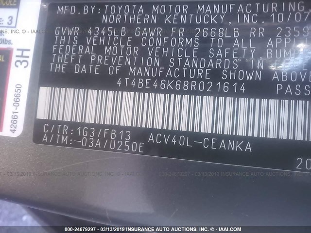 4T4BE46K68R021614 - 2008 TOYOTA CAMRY CE/LE/XLE/SE GRAY photo 9