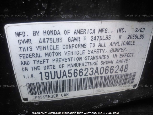 19UUA56623A066248 - 2003 ACURA 3.2TL BLACK photo 9