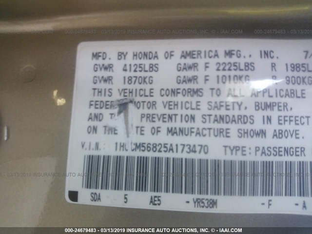 1HGCM56825A173470 - 2005 HONDA ACCORD GOLD photo 9