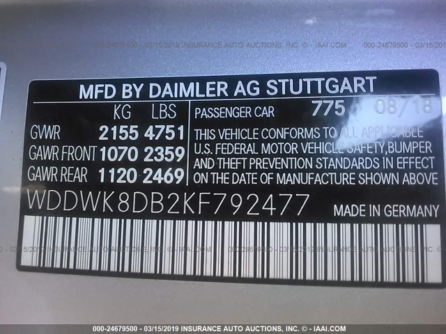 WDDWK8DB2KF792477 - 2019 MERCEDES-BENZ S 560 SILVER photo 9