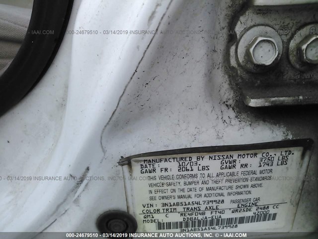 3N1AB51A54L739928 - 2004 NISSAN SENTRA 2.5S WHITE photo 9