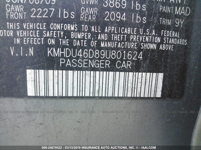 KMHDU46D89U801624 - 2009 HYUNDAI ELANTRA GLS/SE GRAY photo 9