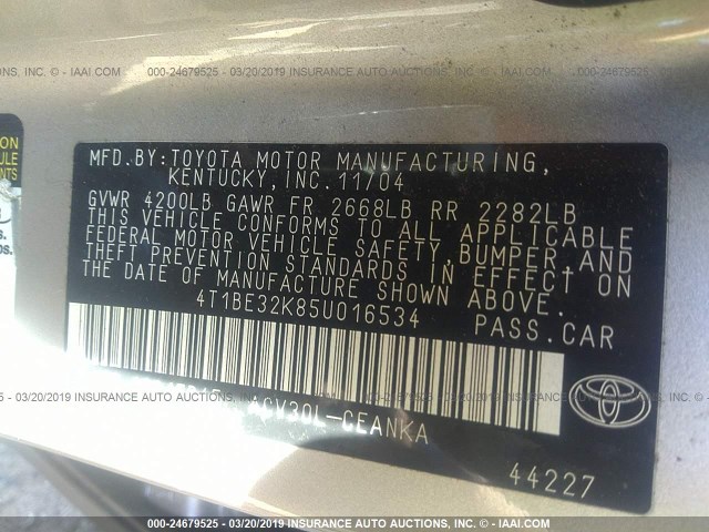 4T1BE32K85U016534 - 2005 TOYOTA CAMRY LE/XLE/SE GOLD photo 9