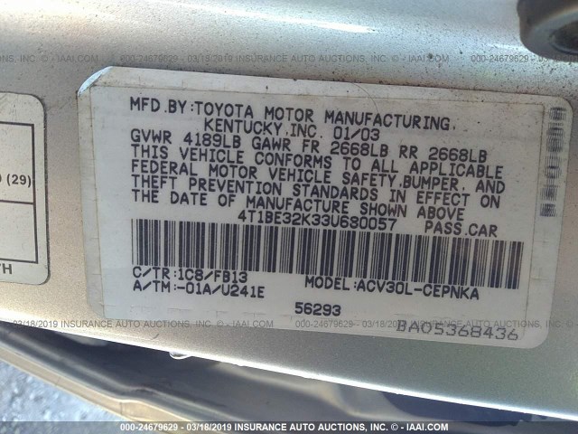 4T1BE32K33U680057 - 2003 TOYOTA CAMRY LE/XLE/SE SILVER photo 9