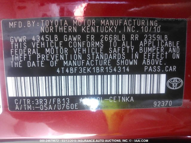 4T4BF3EK1BR154314 - 2011 TOYOTA CAMRY SE/LE/XLE 红色 照片 9