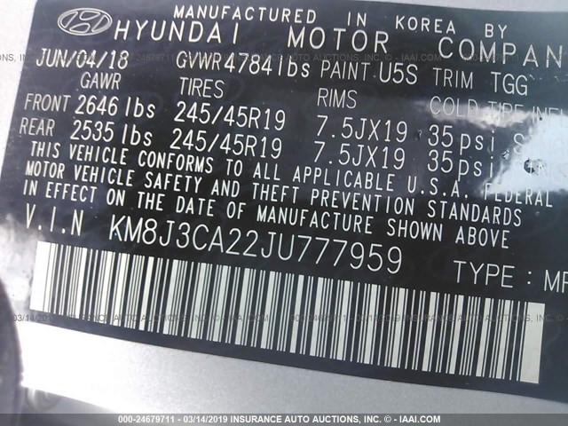 KM8J3CA22JU777959 - 2018 HYUNDAI TUCSON LIMITED/SPORT AND ECO/SE SILVER photo 9