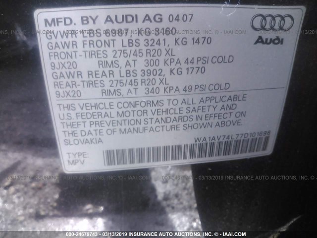 WA1AV74L77D101696 - 2007 AUDI Q7 4.2 QUATTRO BLACK photo 9