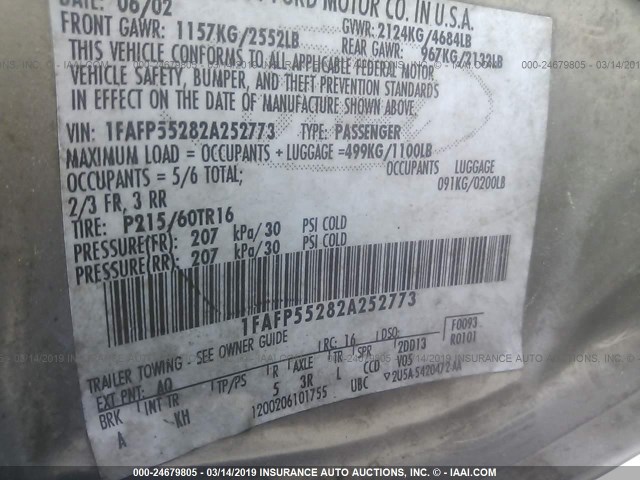 1FAFP55282A252773 - 2002 FORD TAURUS SES GRAY photo 9