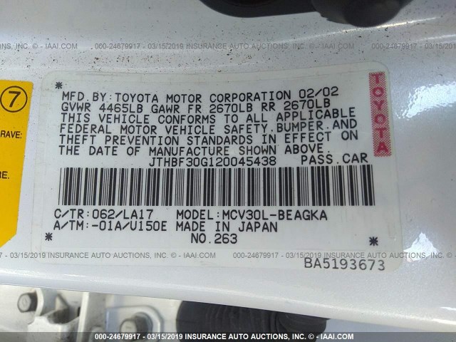 JTHBF30G120045438 - 2002 LEXUS ES 300 WHITE photo 9