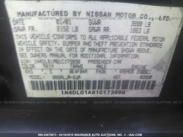 1N4DL01A81C173898 - 2001 NISSAN ALTIMA GXE/GLE/SE BLACK photo 9