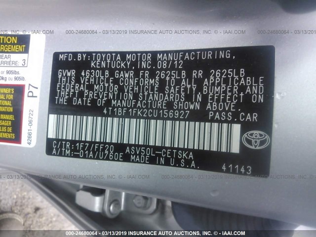 4T1BF1FK2CU156927 - 2012 TOYOTA CAMRY SE/LE/XLE SILVER photo 9