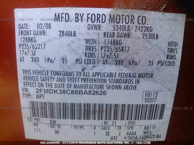 2FMDK38C88BA82626 - 2008 FORD EDGE SEL ORANGE photo 9