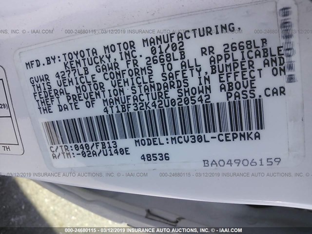 4T1BF32K42U020542 - 2002 TOYOTA CAMRY LE/XLE/SE WHITE photo 9