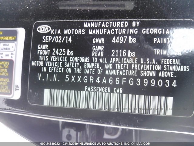 5XXGR4A66FG399034 - 2015 KIA OPTIMA SX BLACK photo 9