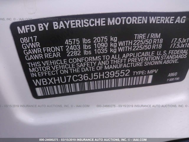 WBXHU7C36J5H39552 - 2018 BMW X1 SDRIVE28I WHITE photo 9