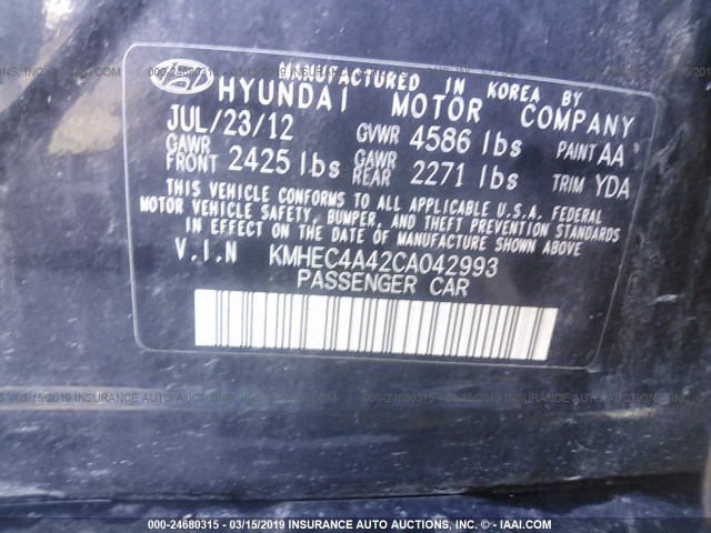 KMHEC4A42CA042993 - 2012 HYUNDAI SONATA HYBRID BLACK photo 9