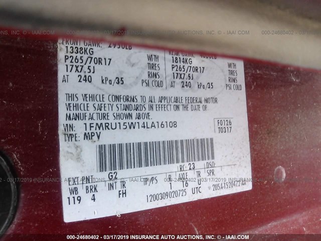 1FMRU15W14LA16108 - 2004 FORD EXPEDITION XLT RED photo 9