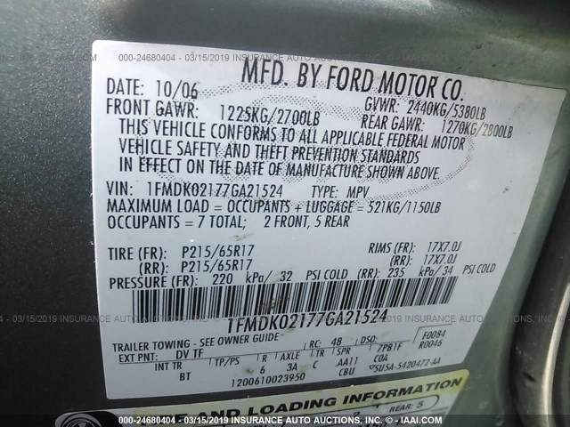 1FMDK02177GA21524 - 2007 FORD FREESTYLE SEL GREEN photo 9