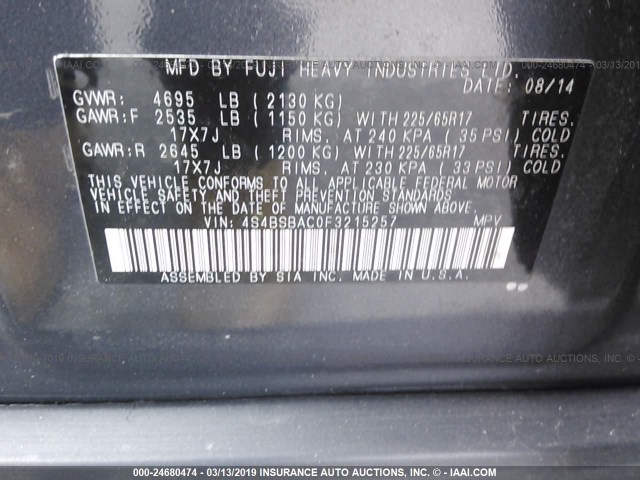 4S4BSBAC0F3215257 - 2015 SUBARU OUTBACK 2.5I GRAY photo 9