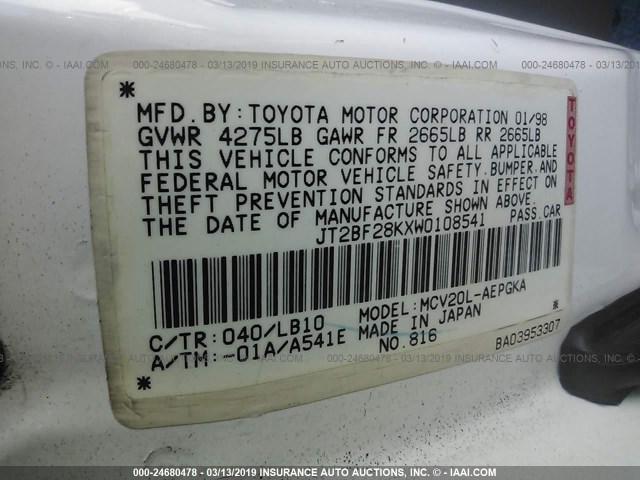 JT2BF28KXW0108541 - 1998 TOYOTA CAMRY LE/XLE WHITE photo 9
